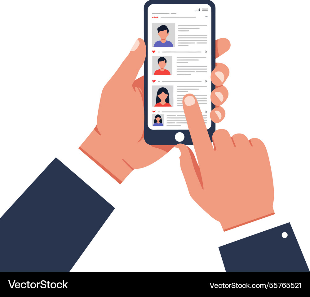 Hands holding a smartphone displaying user vector image