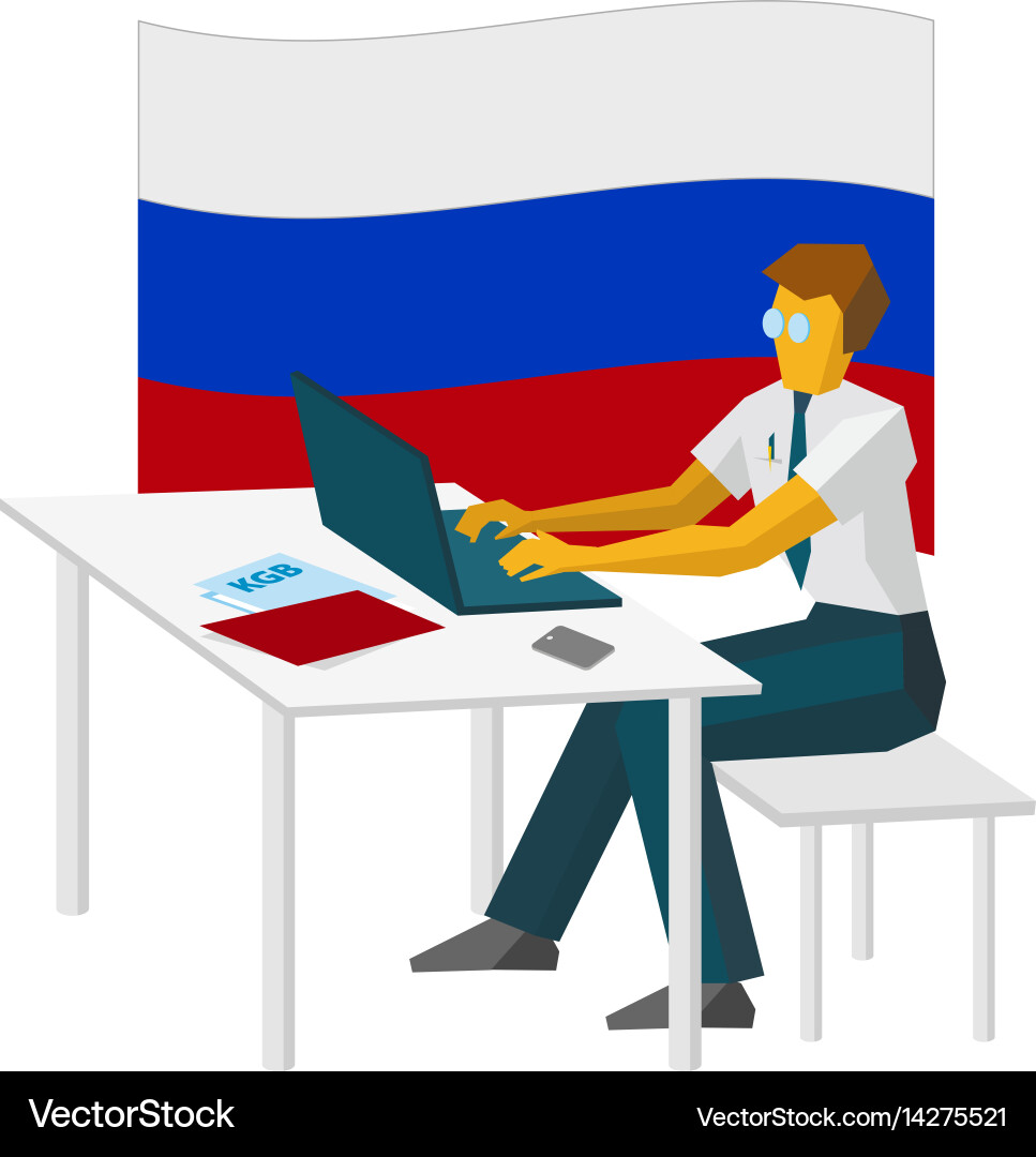 Russian computer hacker working with laptop Vector Image