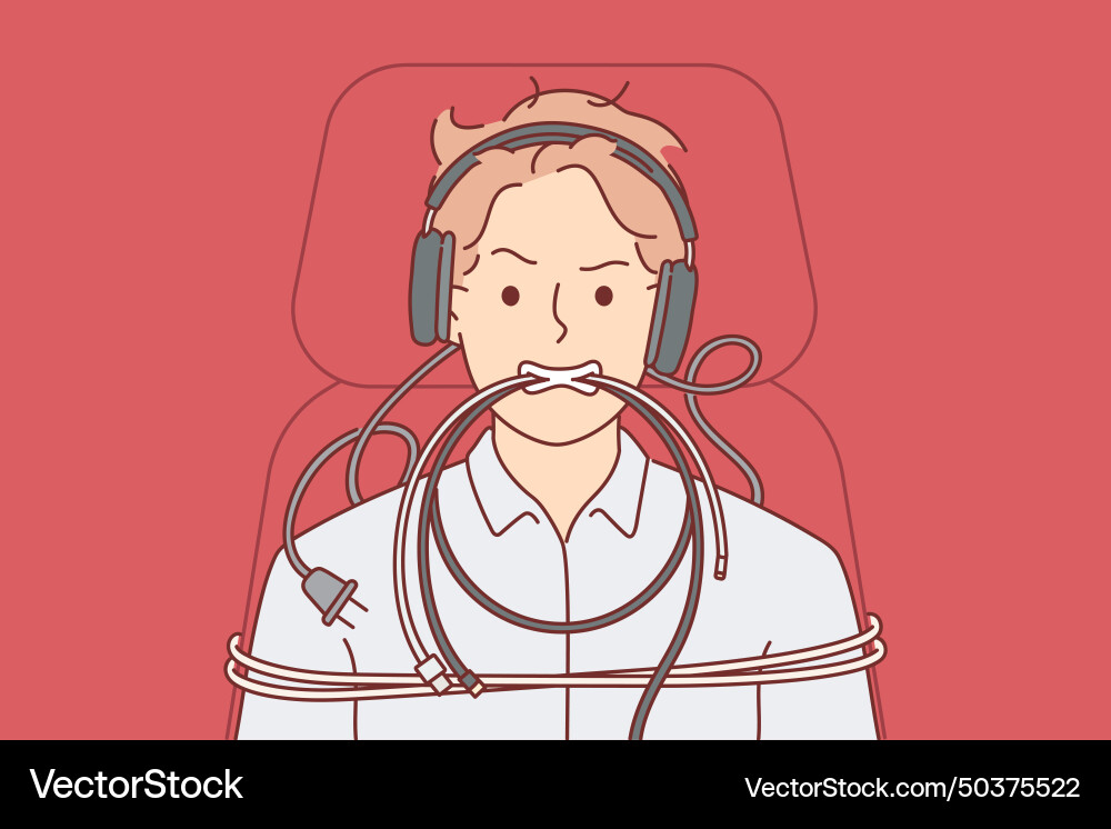 Man is tied up with computer wires and shows Man is tied up with computer wires and shows vector image