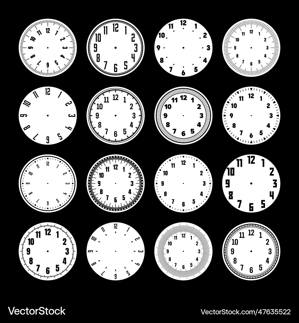 Mechanical clock faces watch dial with numerals vector image