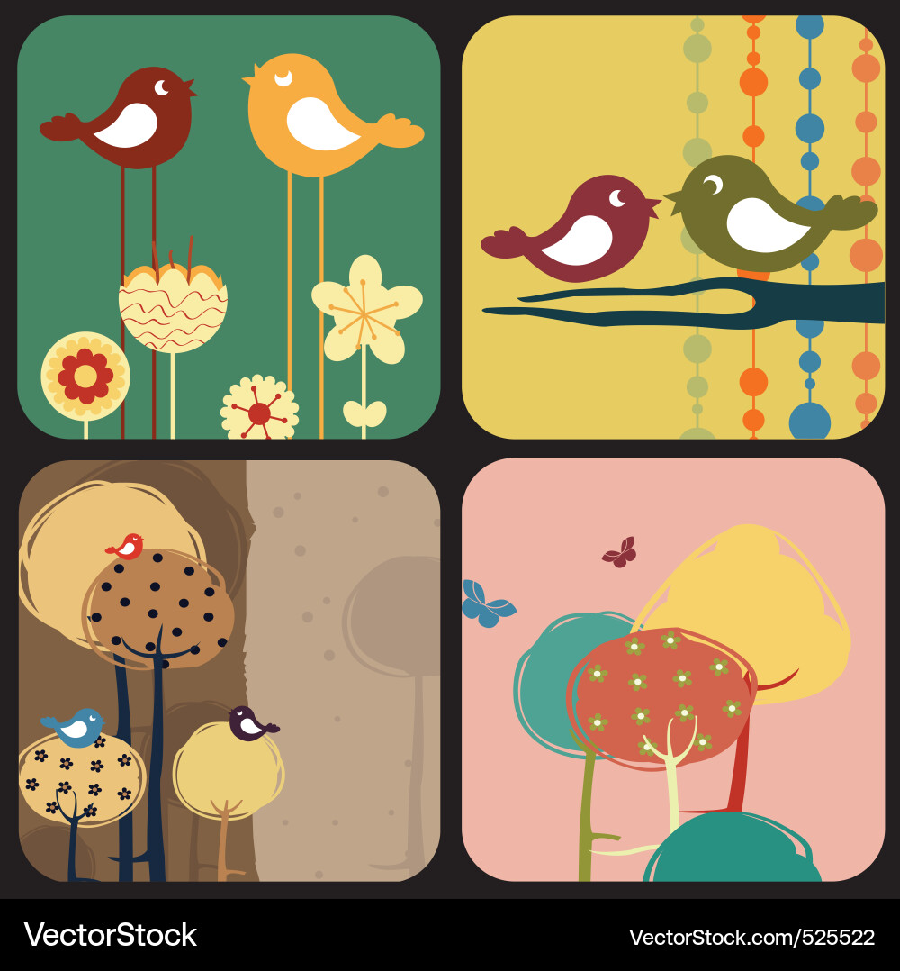 Retro Birds & Trees Pattern Vector Image