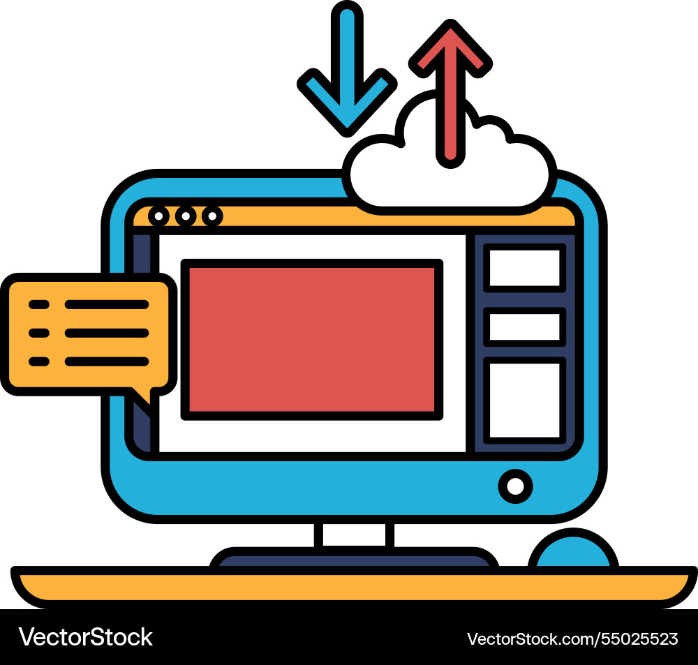 A computer monitor with cloud and downward A computer monitor with cloud and downward vector image