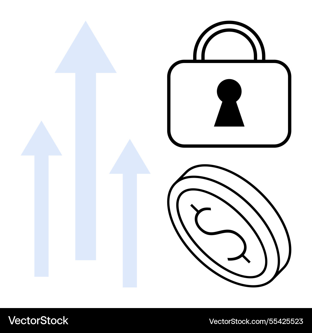 Growth arrows secure lock and currency coin Growth arrows secure lock and currency coin vector image