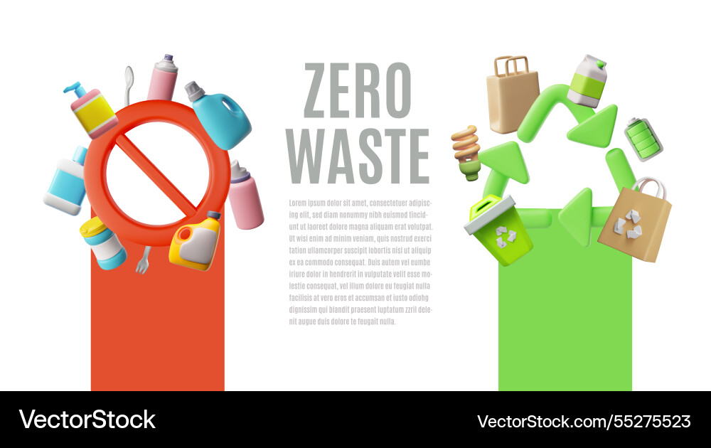 Zero Abfall 3d Cartoon Banner grün Recycling Zero Abfall 3d Cartoon Banner grün Recycling vektorbild