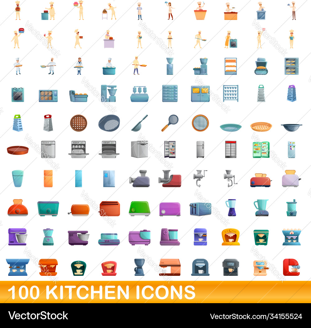 100 kitchen icons set cartoon style 100 kitchen icons set cartoon style vector image