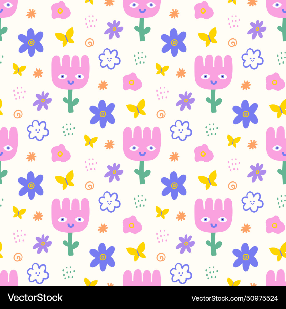 Spring flower seamless patterns in doodle style vector image