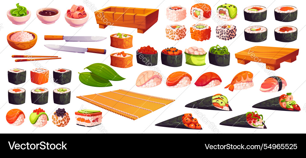 Cartoon japanese sushi utensils and rolls icons Cartoon japanese sushi utensils and rolls icons vector image