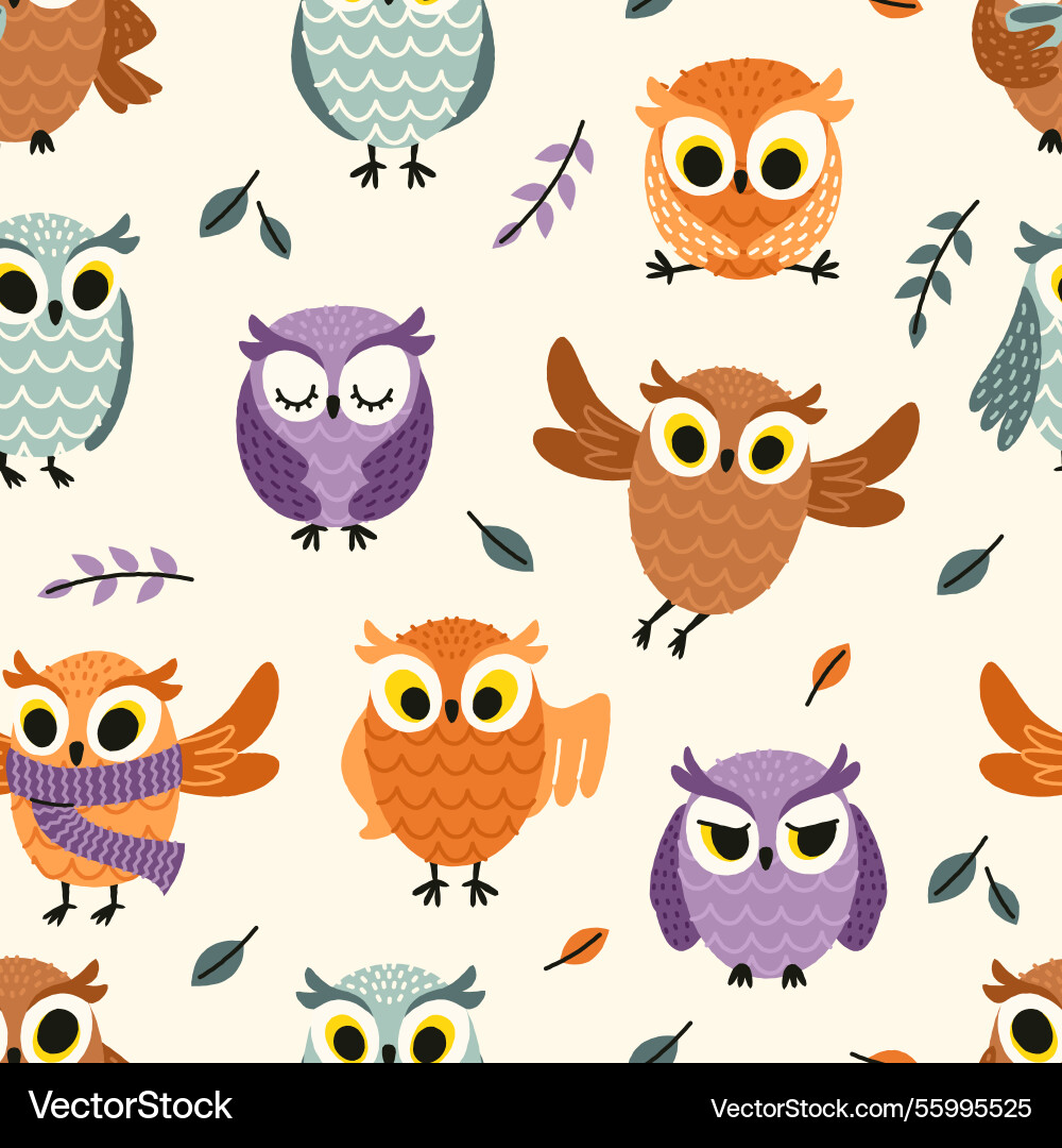 Cute owl pattern seamless print of cartoon forest Cute owl pattern seamless print of cartoon forest vector image