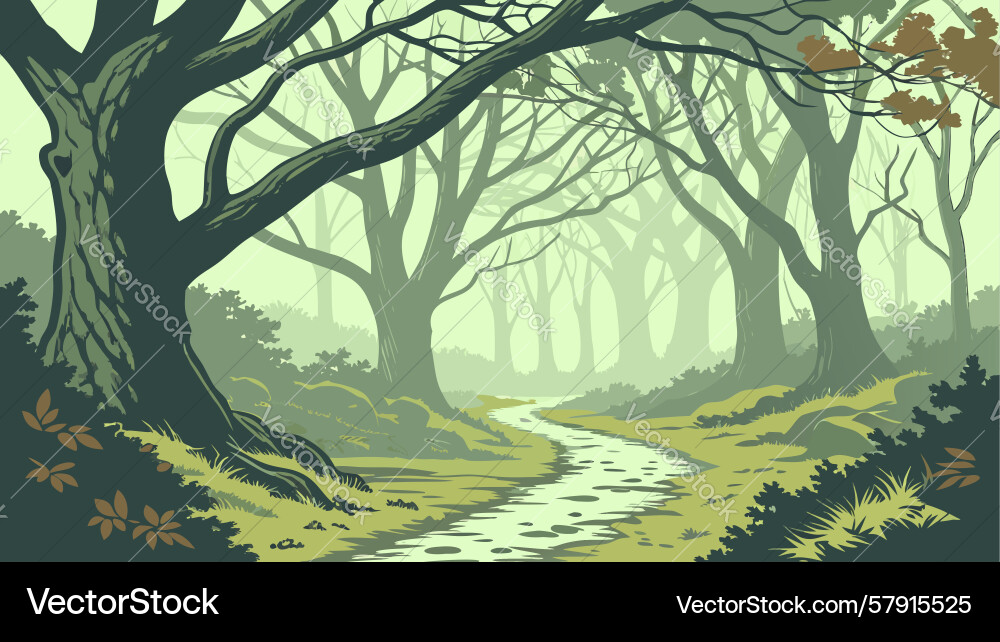 Enchanted forest path with dense trees design Vector Image