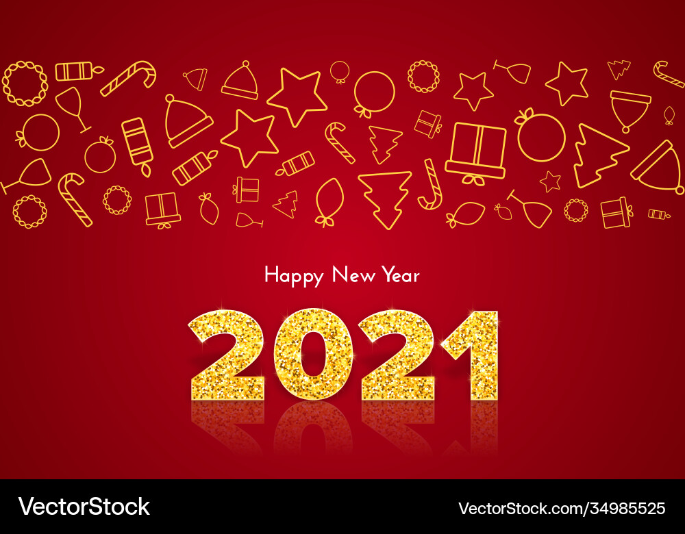 Golden numbers 2021 with reflection and shadow Vector Image