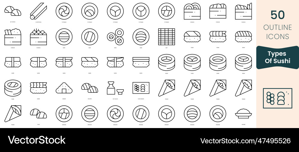 Set of types sushi icons thin linear style Vector Image