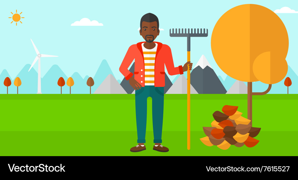 Man with rake near tree and heap of leaves Vector Image