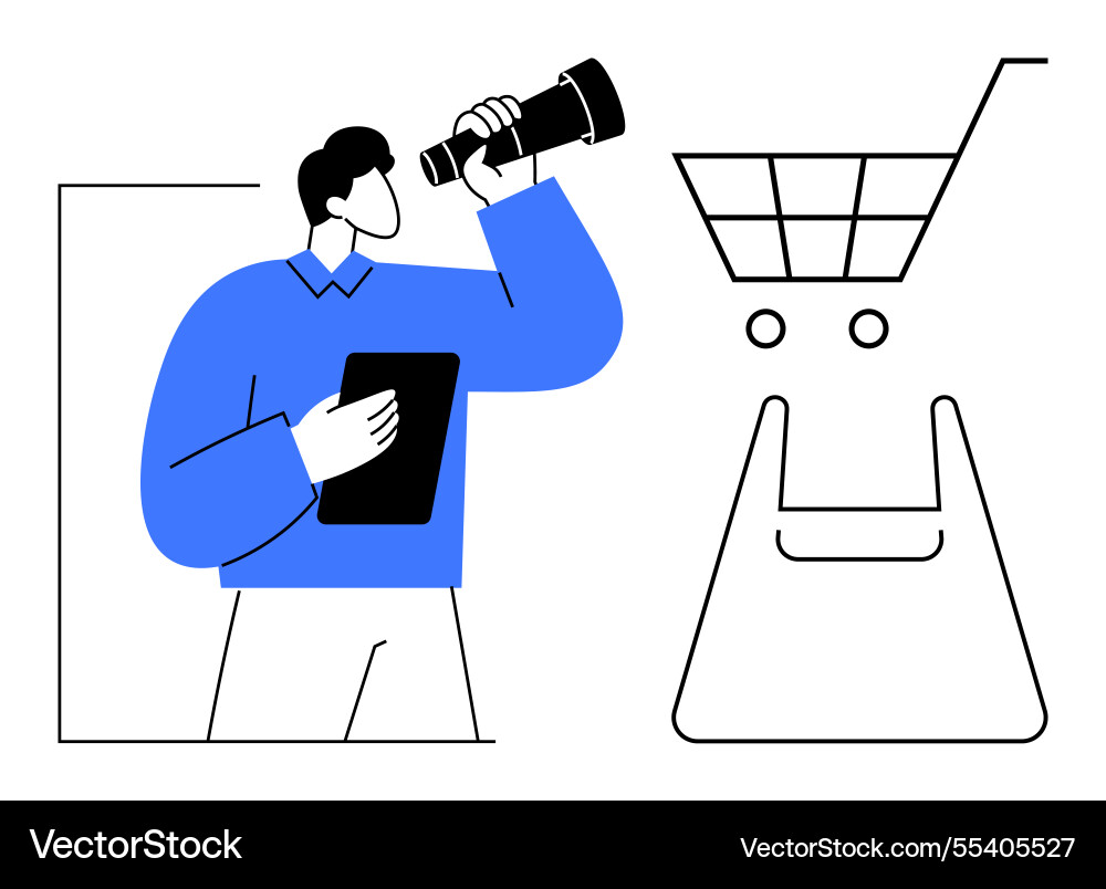 Man with tablet using telescope facing shopping Man with tablet using telescope facing shopping Vector Image