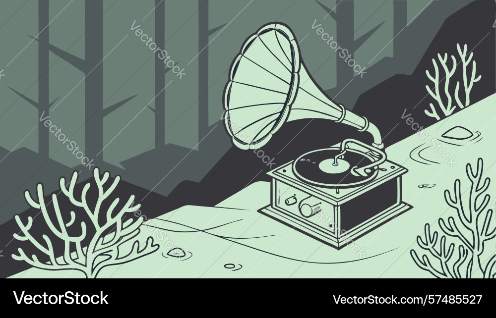 Retro gramophone in a moody swamp forest setting Vector Image