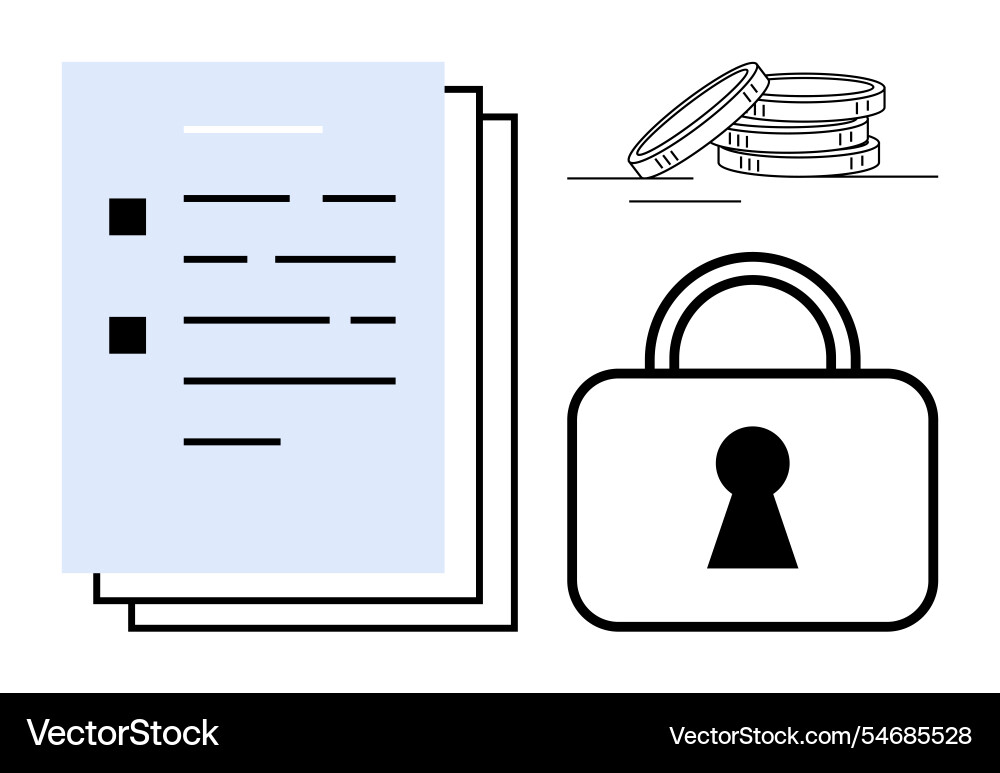 Documents secure lock and stacked coins Documents secure lock and stacked coins vector image