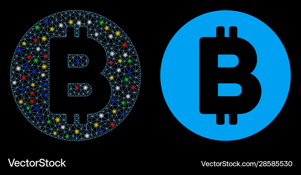 Flare mesh network bitcoin icon with spots vector image