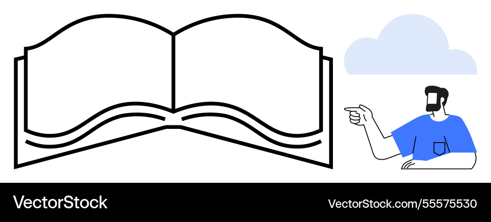 Man pointing at giant open book with cloud Man pointing at giant open book with cloud Vector Image
