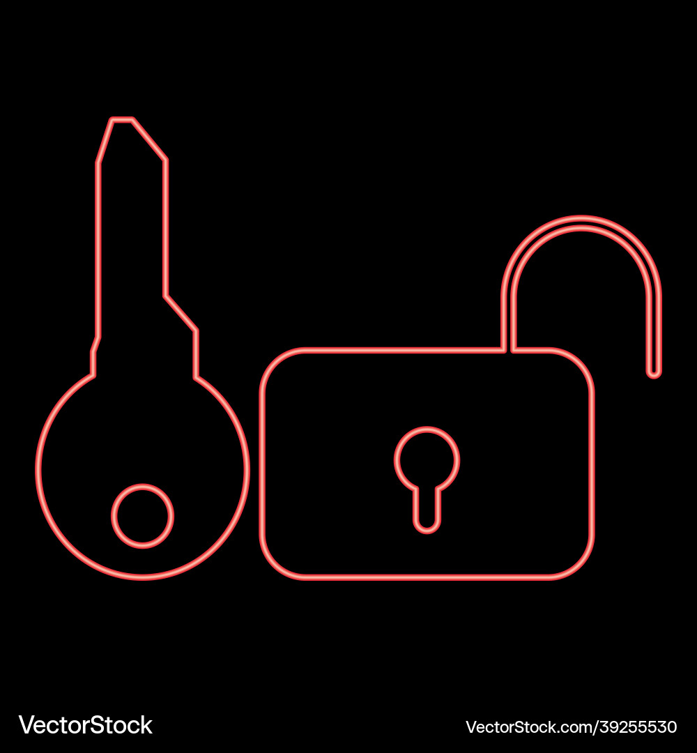 Neon key and lock red color flat style image Vector Image