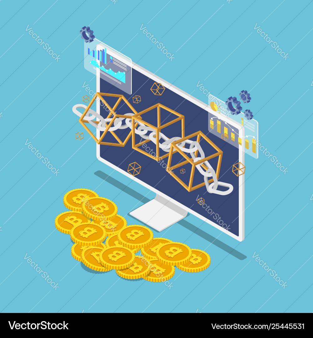 Isometric Blockchain Monitor Bitcoin vector image