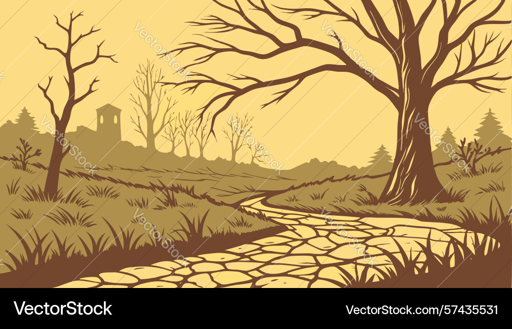 Old gnarly tree on a winding path in dry Vector Image