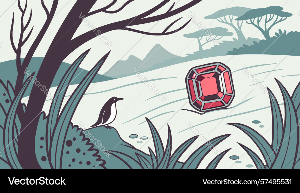 Ruby gem and bird in forest artistic scene design Vector Image