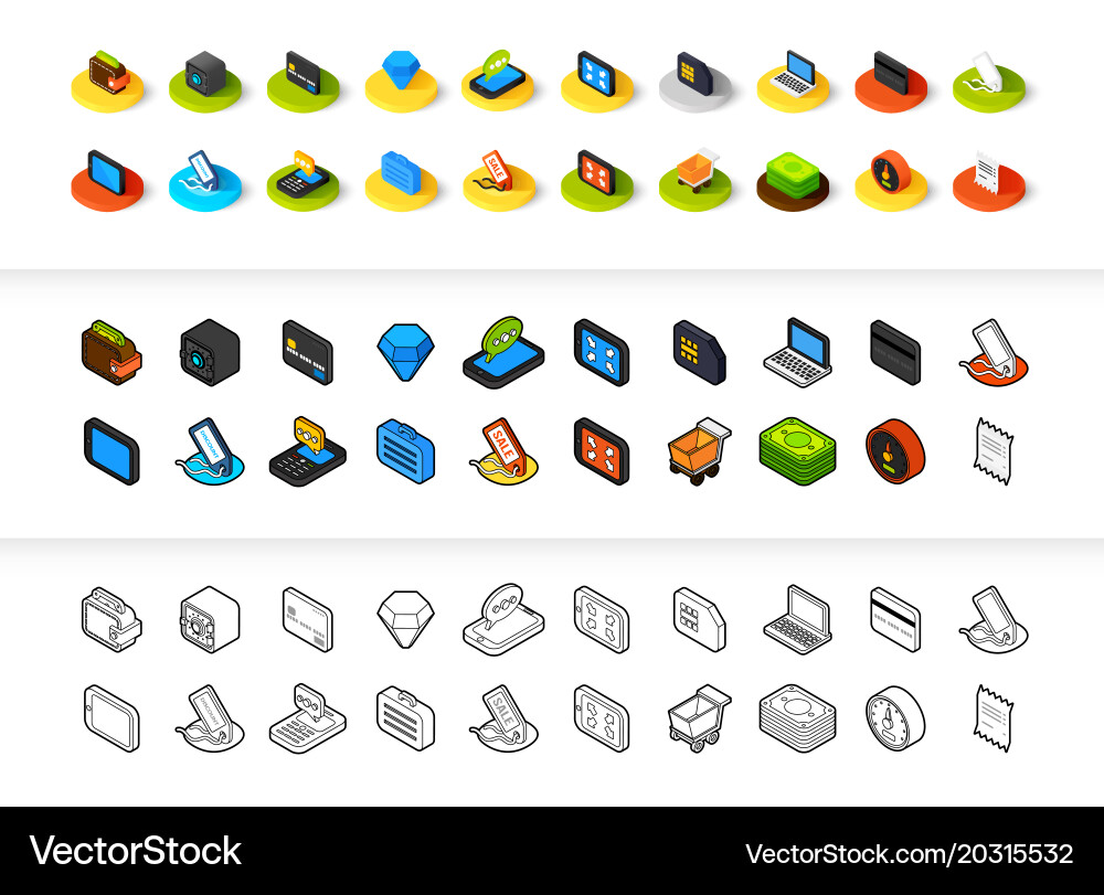 Set of icons in different style - isometric flat Vector Image