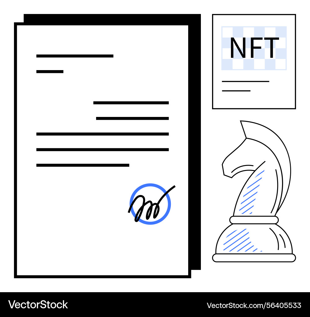 Digital asset contract with nft document and chess Digital asset contract with nft document and chess Vector Image