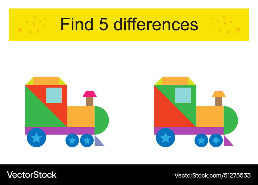 Find 5 differences logic puzzle game for kids Vector Image