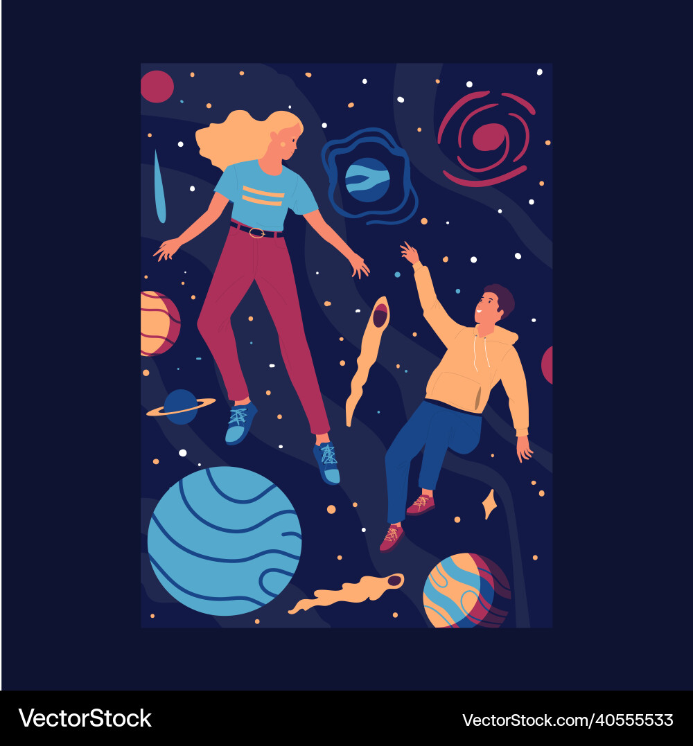 Junge und Mädchen fliegen im Weltraum kosmisch Junge und Mädchen fliegen im Weltraum kosmisch vektorbild