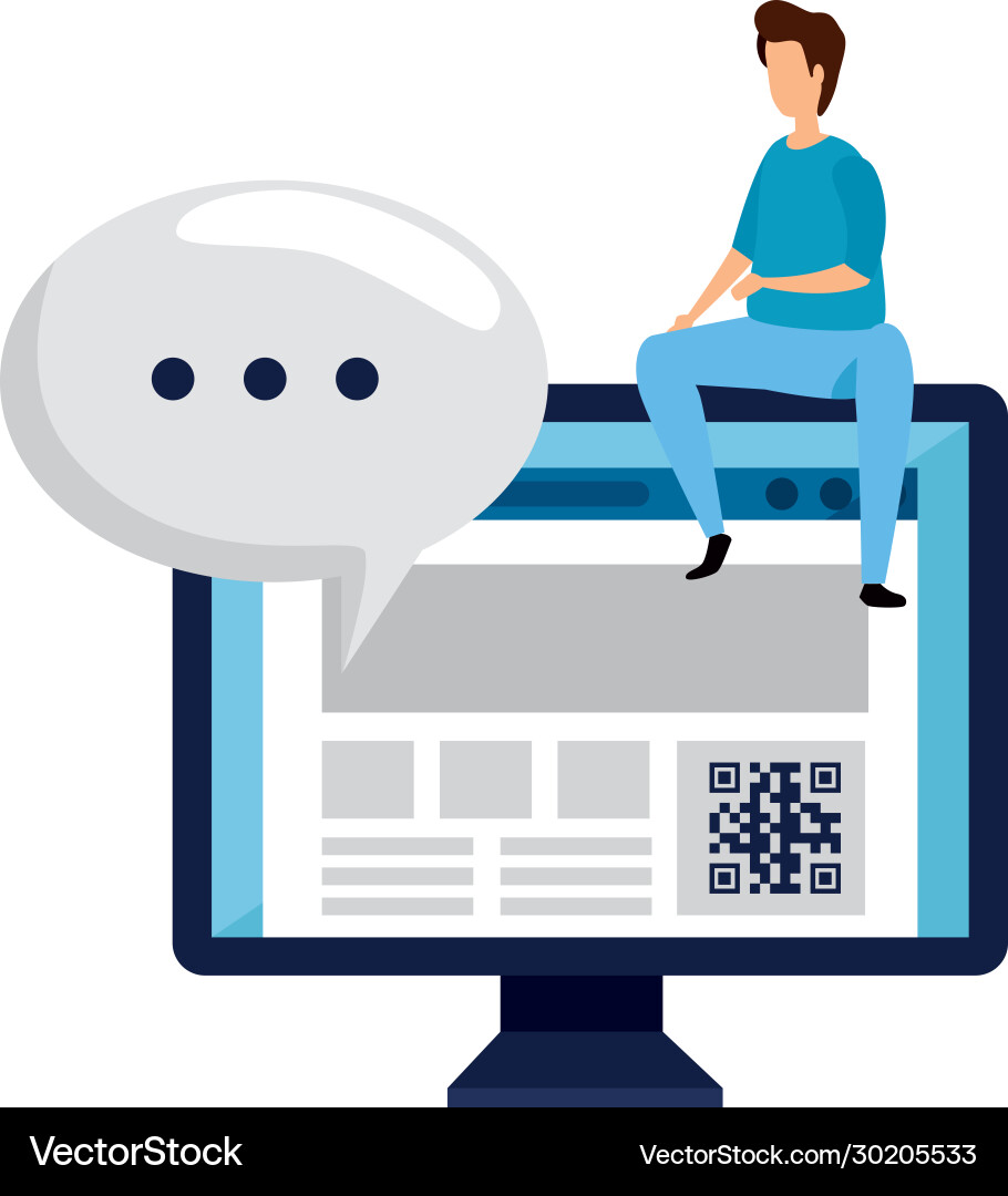 Mann und Computer mit Qr-Code isoliert Icon Vektorbild