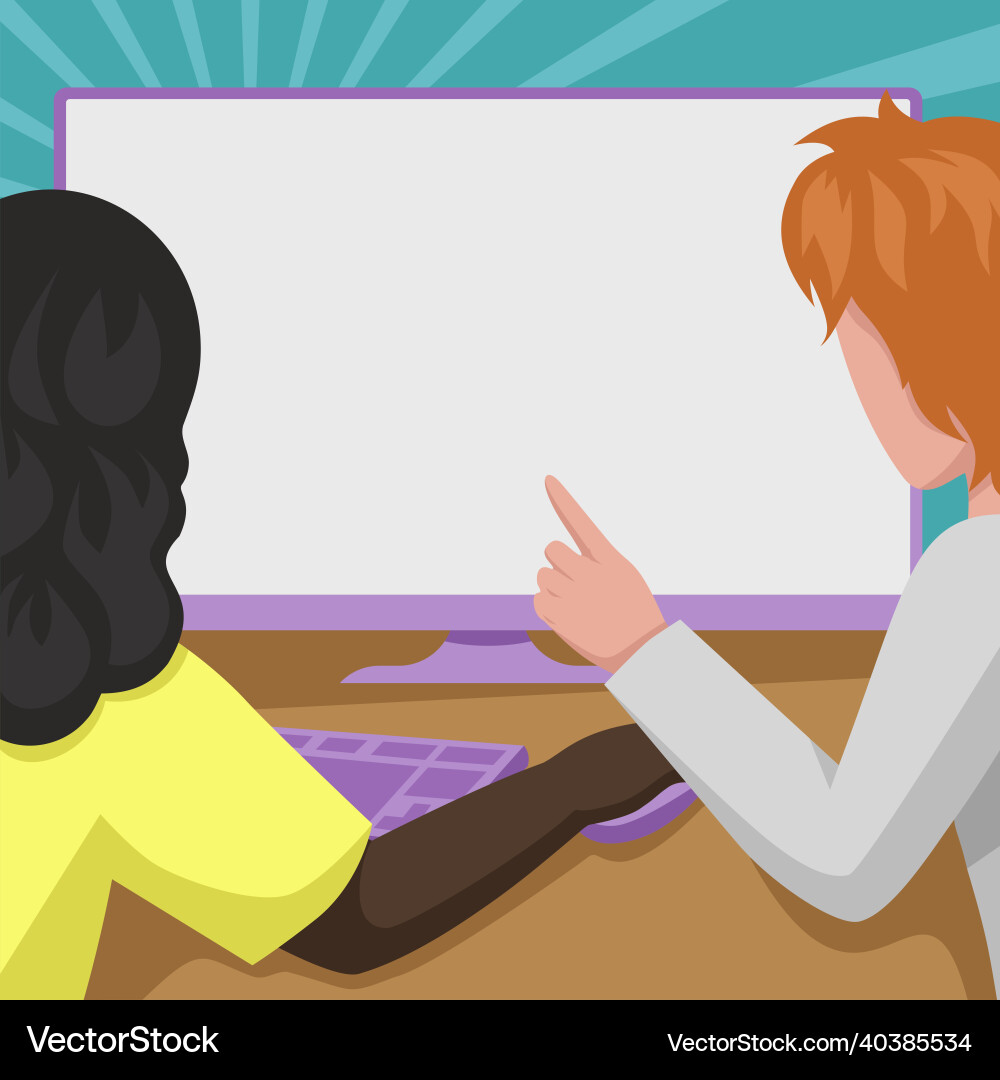 Couple drawing using desktop computer helping Couple drawing using desktop computer helping Vector Image