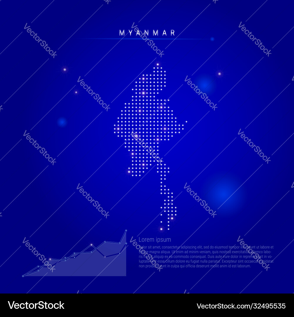 Myanmar illuminated map with glowing dots dark Myanmar illuminated map with glowing dots dark Vector Image