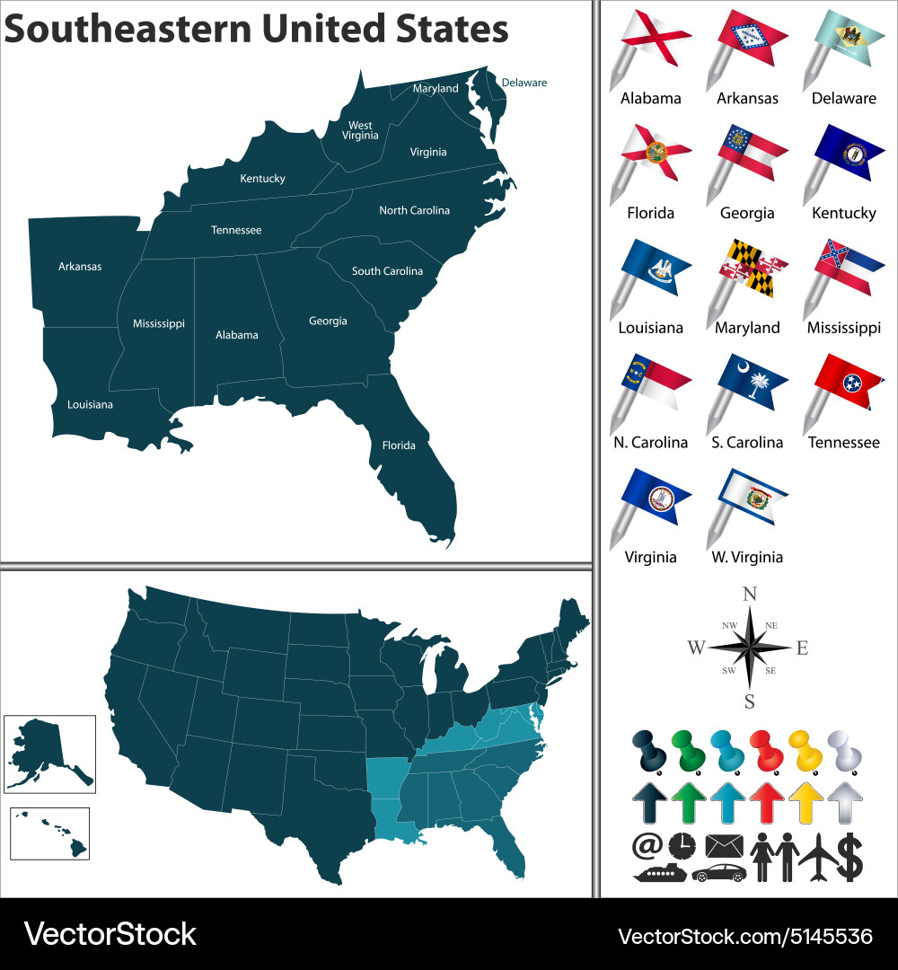 Southeastern United States Map with State Flags vector image