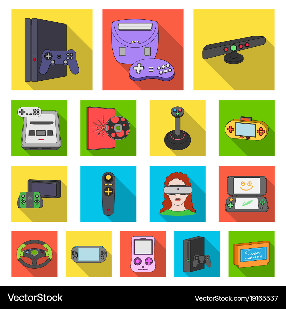 Game console and virtual reality flat icons in set Vector Image