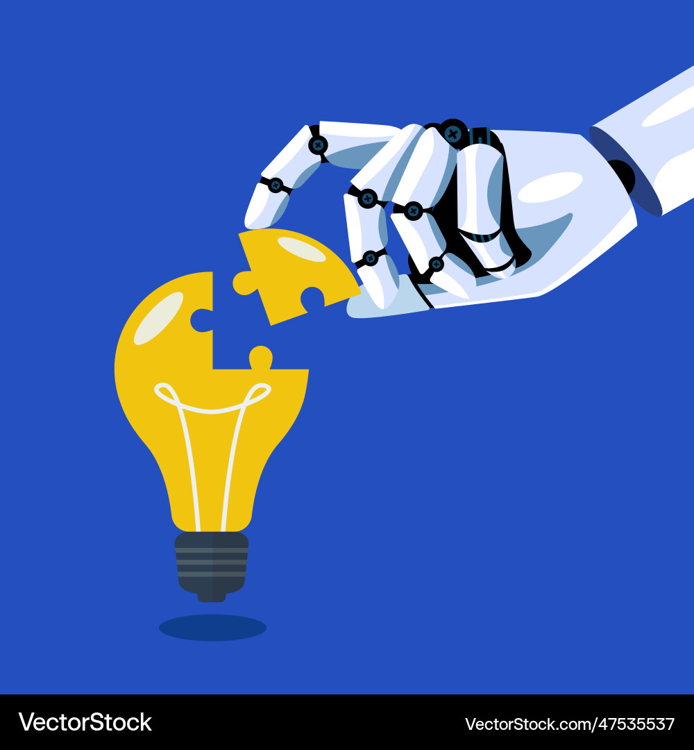 Robot inserts the missing puzzle in lightbulb Robot inserts the missing puzzle in lightbulb vector image