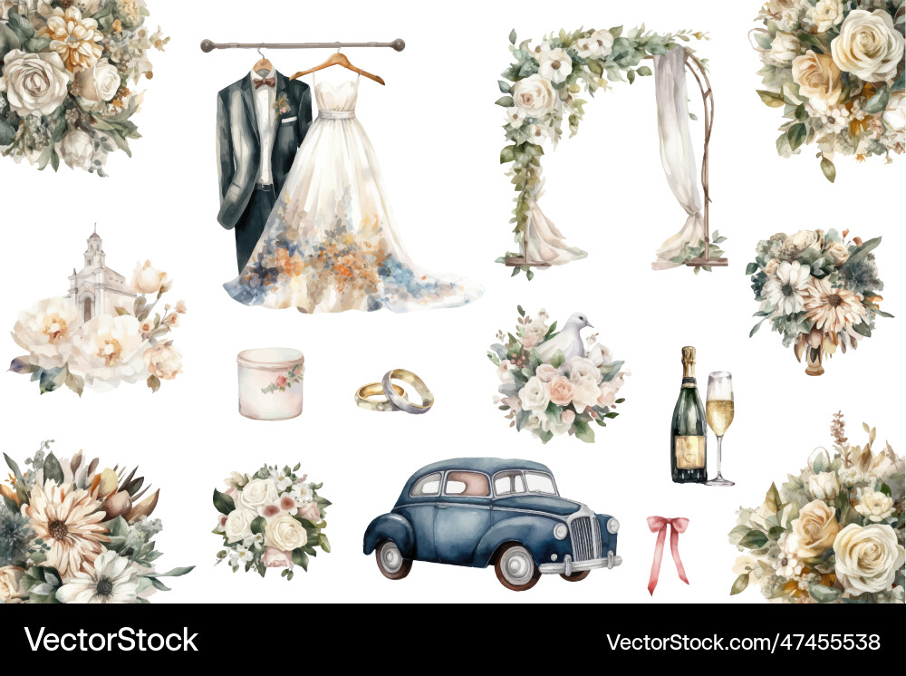 Set of wedding elements clipart for save Set of wedding elements clipart for save vector image