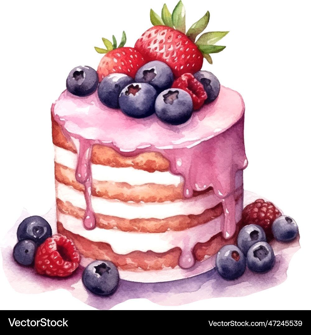 Colorful pink birthday cake watercolor in vintage vector image