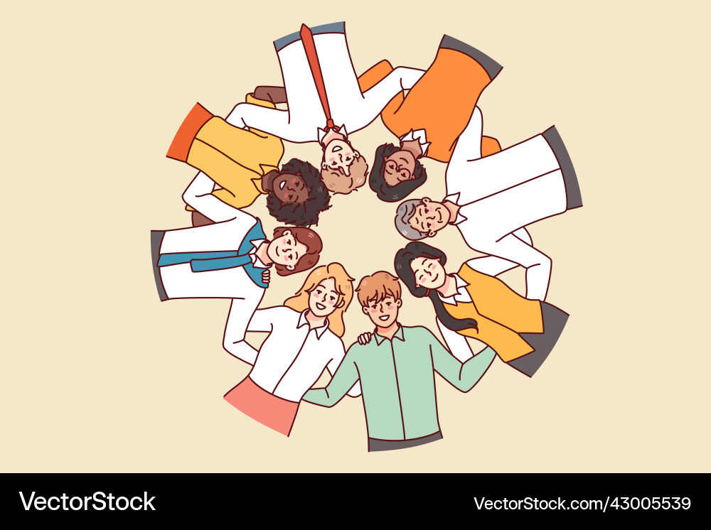 Multiethnic people stand in circle showing unity Vector Image