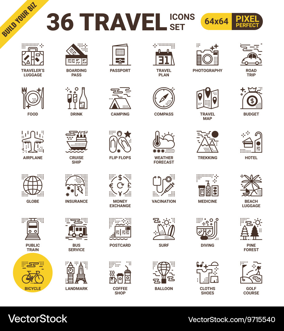 Travel pixel perfect icons Royalty Free Vector Image