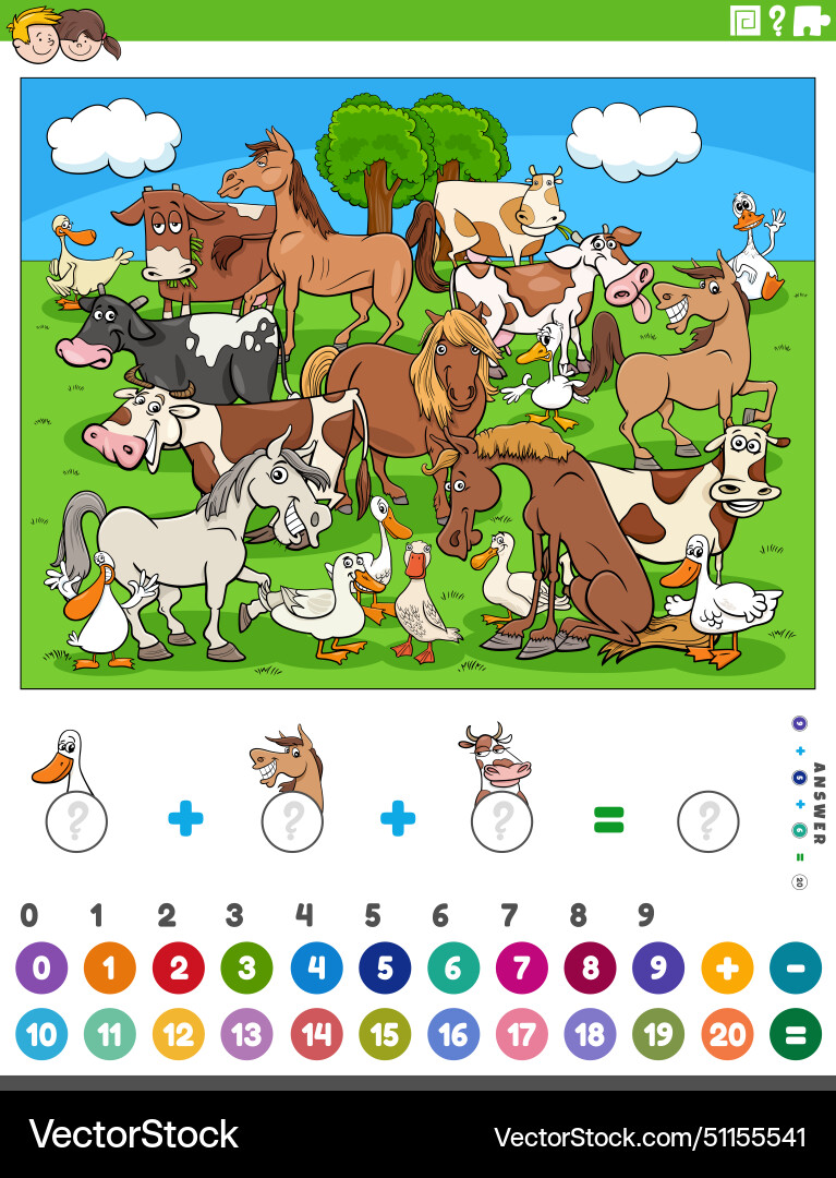 Counting and adding activity with cartoon farm Counting and adding activity with cartoon farm Vector Image