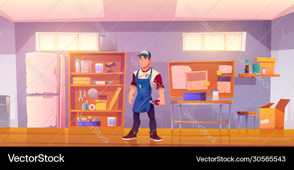 Carpenter in Workshop with Tools vector image