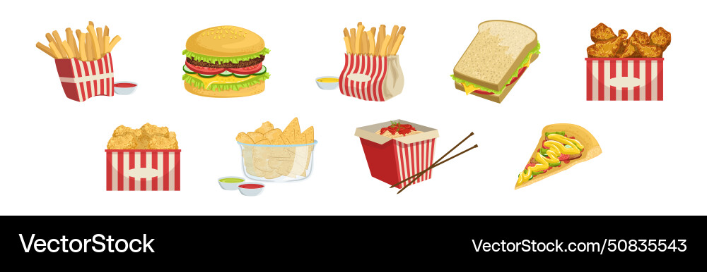 Tasty fast food object and item set Tasty fast food object and item set vector image