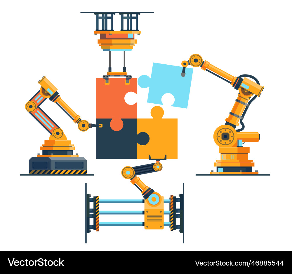 Robotic Arms Assemble Puzzle Robots vector image