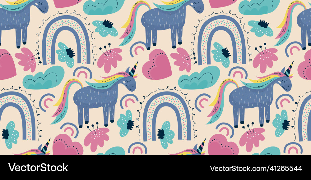 Scandinavian unicorn seamless pattern with rainbow Scandinavian unicorn seamless pattern with rainbow Vector Image