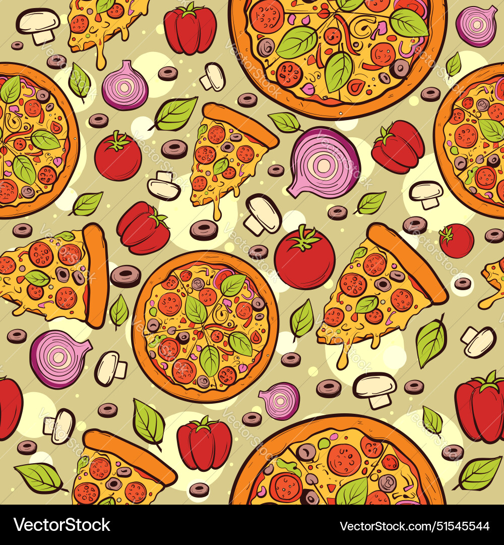 Seamless pattern with pizzas and pizza slices Seamless pattern with pizzas and pizza slices vector image
