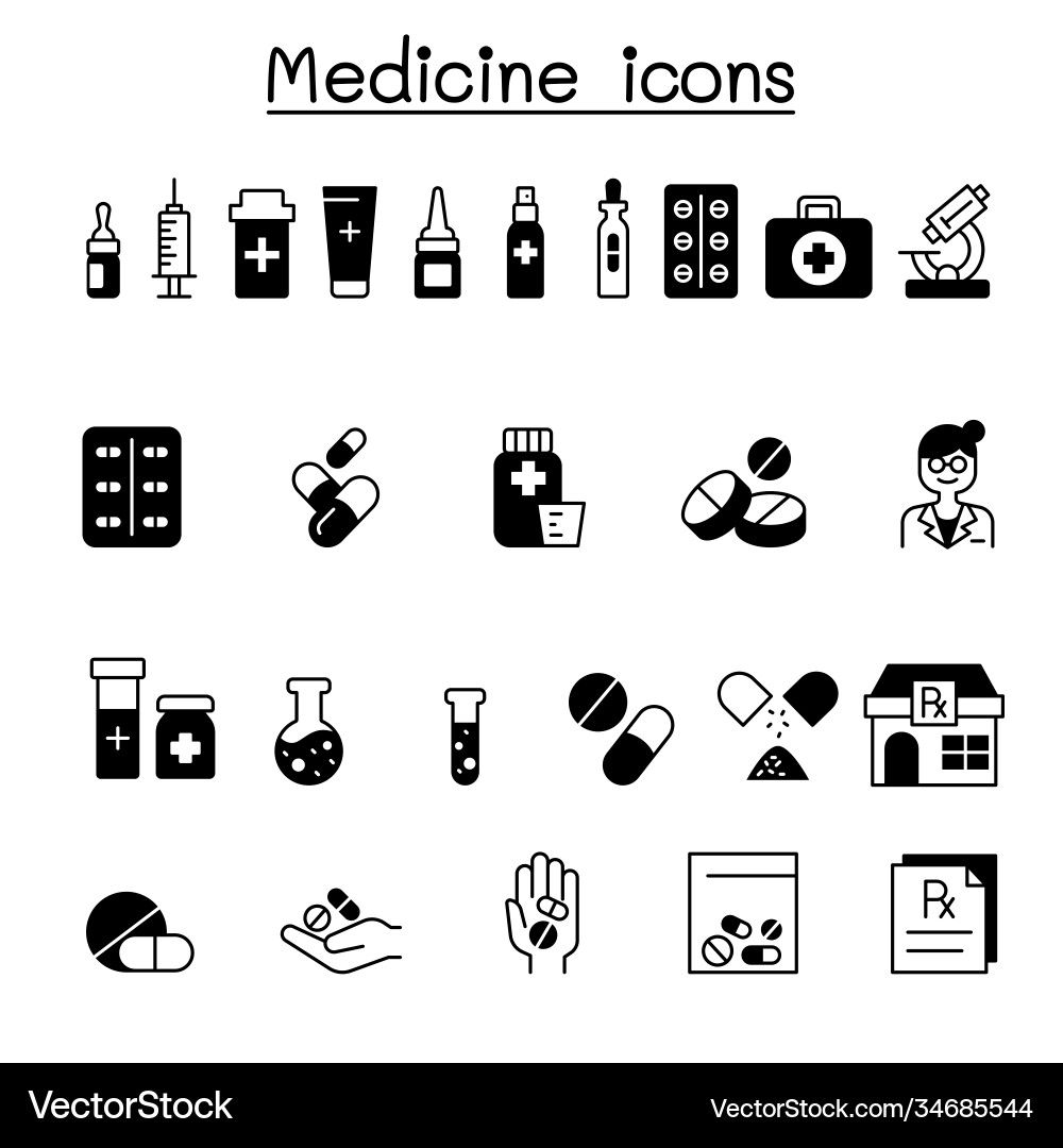 Set medical drug related icons contains vector image