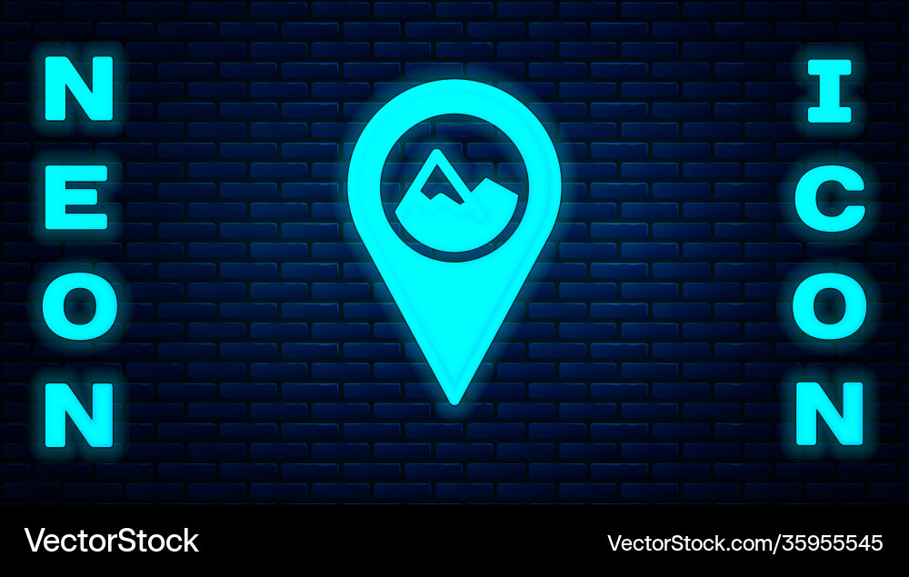 Glowing neon map pointer with mountain icon Glowing neon map pointer with mountain icon Vector Image