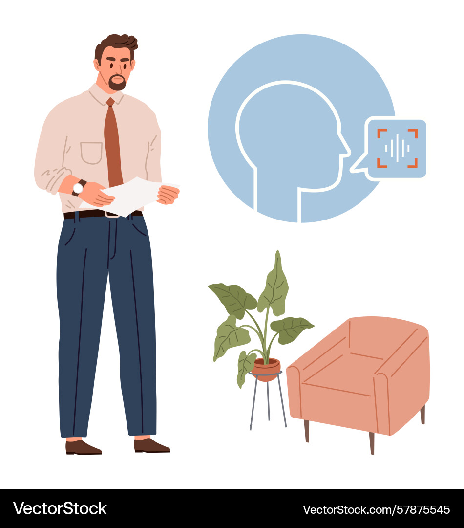 Man reviewing documents with voice recognition Man reviewing documents with voice recognition Vector Image