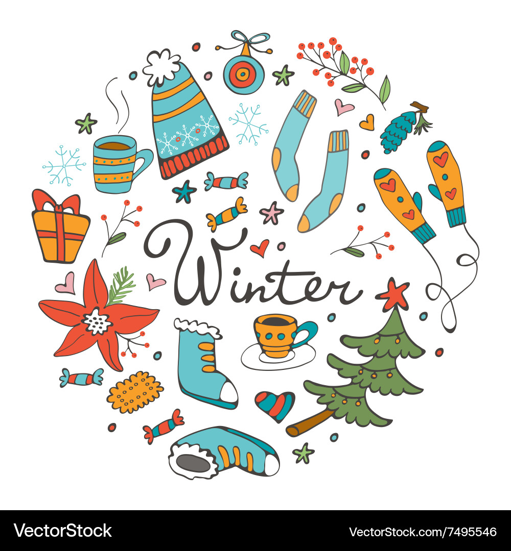 Colorful hand drawn winter collection in round vector image