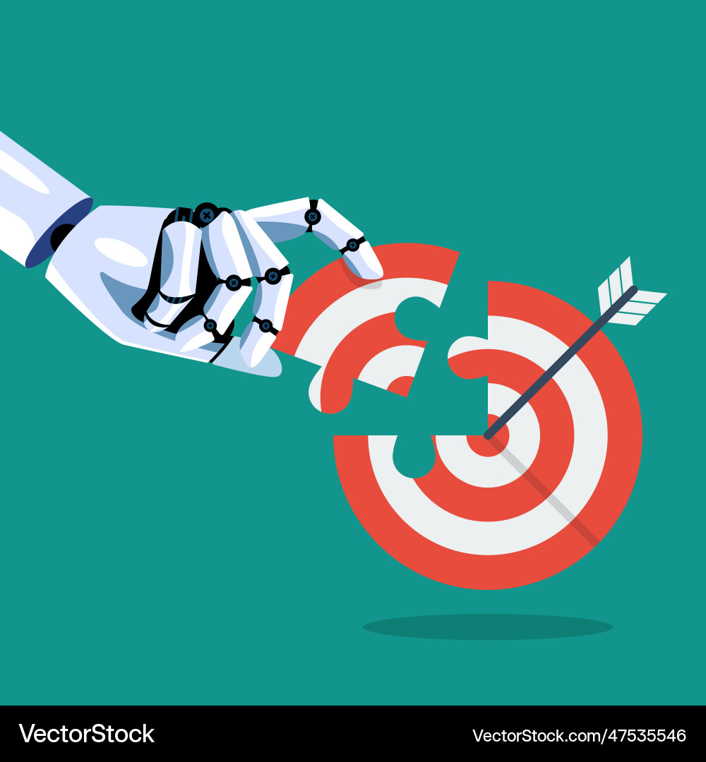 Hand inserts the missing puzzle in target Hand inserts the missing puzzle in target vector image